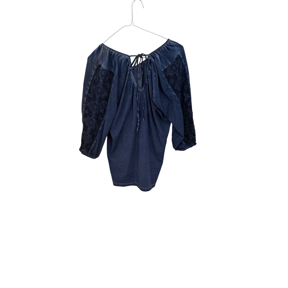 INC International Concepts Blue Cotton Crochet Lace Sleeve Tie Back Blouse S - Picture 2 of 5